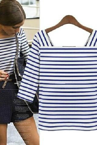 Style Square Collar Half Sleeve Blue-white Striped Cotton T-shirt