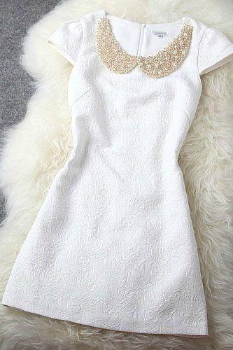 Cute Doll Collar Pearl Rivet White Dress Fg8jh