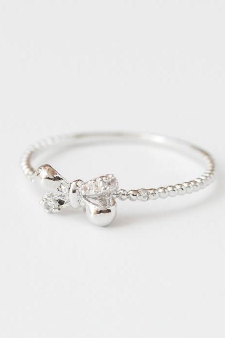 Us Size 7-silver Delicate Cubic Zirconia Crystal Bow Rings In Gold,stacking Rings,cz Wedding Ring,everyday Jewelry, Gift Ring