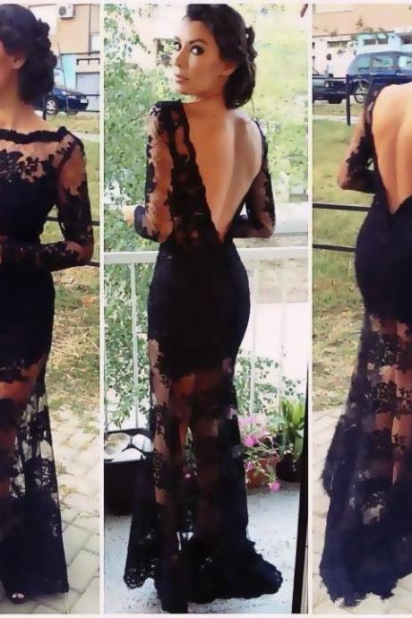 Hot Sales Black Lace Open Back Mermaid Long Prom Dress, High Neck Trumpet Long Sleeves Evening Prom Dresses, See Through Evening Gown,Prom Dress 2015, Wedding Party Dress