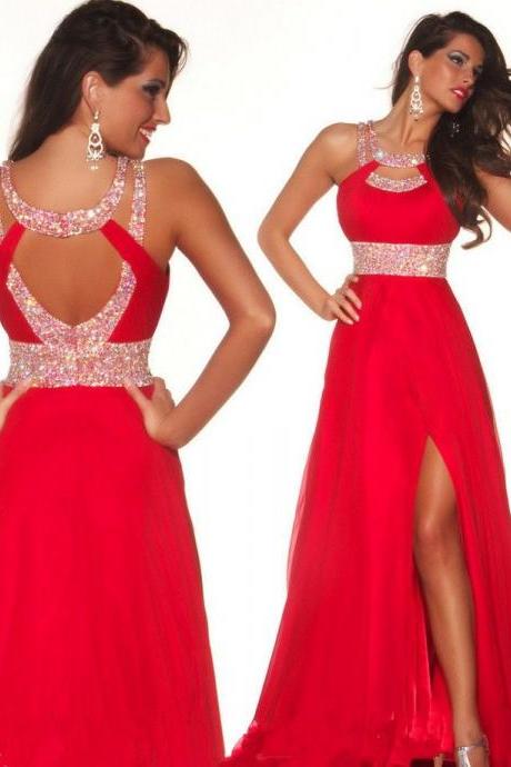 Top Selling A-Line Red Chiffon Backless Front Split Long Prom Dress,Off the Shoulder Open Back Prom Dresses,Custom Made Evening Dress,Beaded Prom Gown,Formal Prom Dress,Formal Women Dress PD073