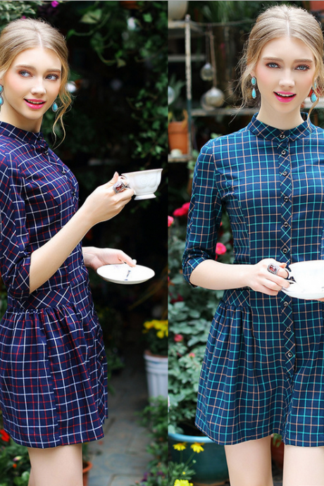 2015 Fair Maiden Temperament Collar Plaid Single-breasted Cultivate One&amp;amp;#039;s Morality Dress