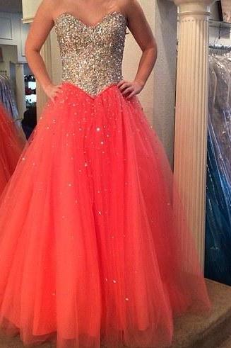 Coral Tulle Sweetheart Ball Gown Prom Dress With Beaded And Sequined Bodice