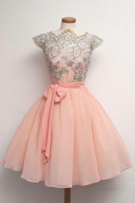 Skin Pink Chiffon Cap Sleeves Short Party Dress With Appliques