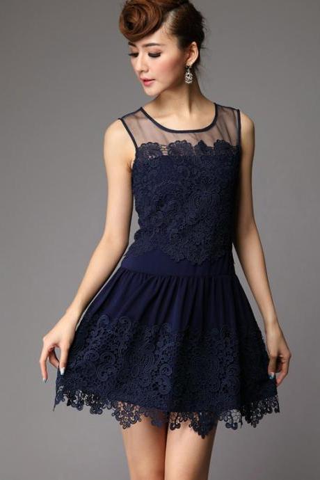 The cheap price Sheer Shoulders Lace Embroidery Sleeveless Dress