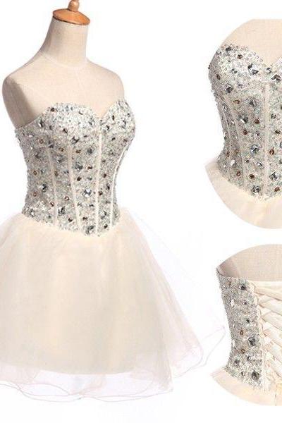 2015 Fashion Strapless Knee Length Champagne Beadeed Prom Dresses Evening Dress Bridesmaid Dresses Custom Made L36-2