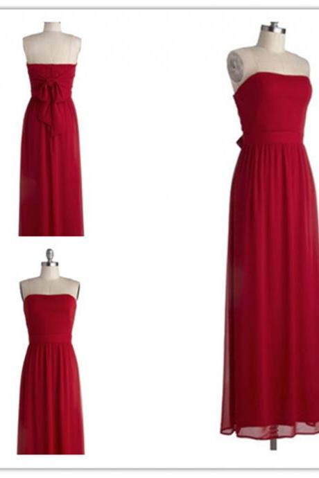 2015 Fashion Strapless Full Length Red Chiffon Prom Dresses Evening Dress Bridesmaid Dresses Custom Made L70