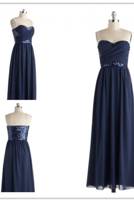 2015 Fashion Strapless Full Length Navy Blue Prom Dresses Evening Dress Bridesmaid Dresses Custom Made L76