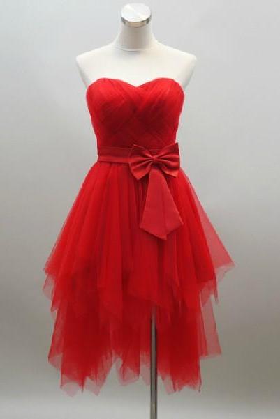 Red Sweetheart Strapless Knee Length Homecoming Dress, Red Prom Dresses Evening Dress Bridesmaid Dresses Custom Made