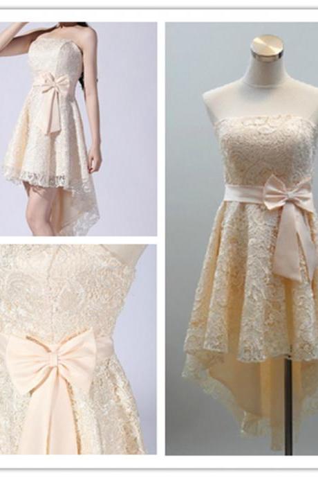 2015 fashion strapless Champagne lace Hi-Lo knee length prom Dresses evening dress Bridesmaid dresses custom made L86