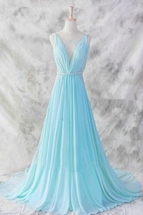 Pretty Baby Blue Chiffon Floor Length V-neckline Prom Gown 2015, Baby Blue Evening Dresses 2015, Blue Formal Dresses, Formal Dresses