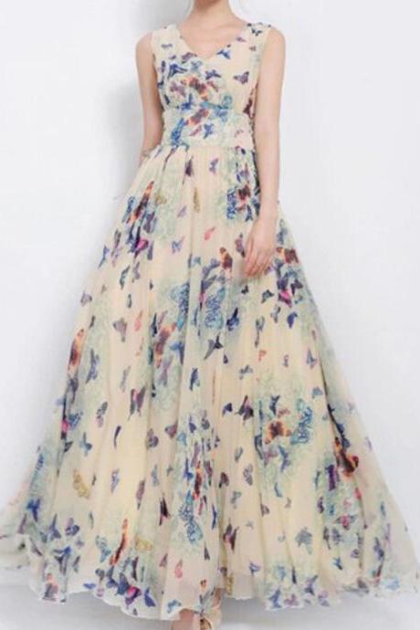 Print Pattern Chiffon Long Maxi Dress Beach Dress Vg07