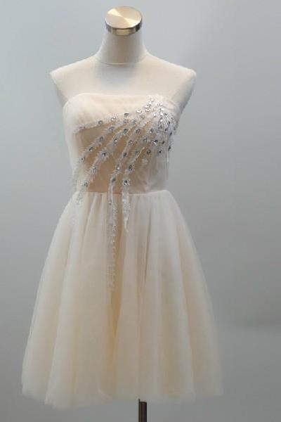 2015 Fashion Strapless Champagne Tulle Knee Length Prom Dresses Evening Dress Bridesmaid Dresses Custom Made L89