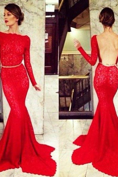 Hot Sales Red Lace Mermaid Long Prom Dress ,Open Back Long Sleeves Prom Dress,Custom Made Backless Trumpet Evening Party Dress,Sexy Evening Prom Gown Graduation Dress,Homecoming Dress