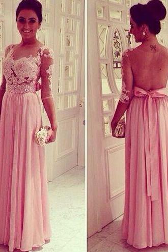 Custom Made Pink Prom Dress, Formal Dresses, Elegant Evening Dress, Long Evening Dress, Lace Sheer Party Dresses, Prom 2015
