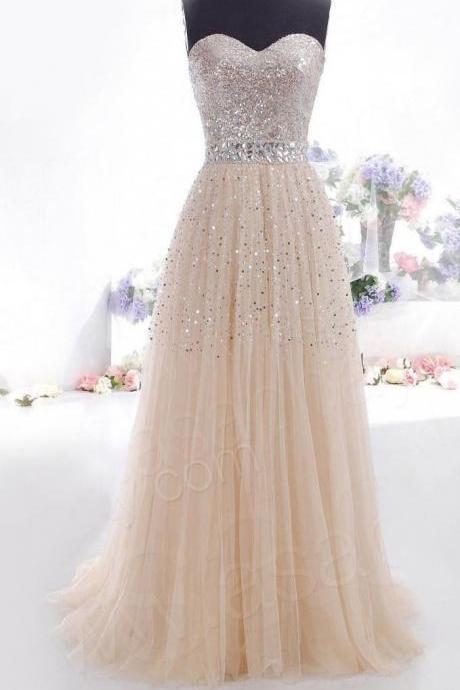 2015 Hot Sale Nude Tulle Sweetheart A Line Prom Dress
