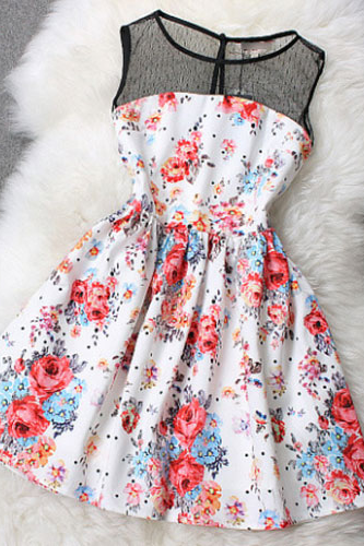 Floral Print Splicing Sleeveless Mesh Top Flared Skater Dress GH01