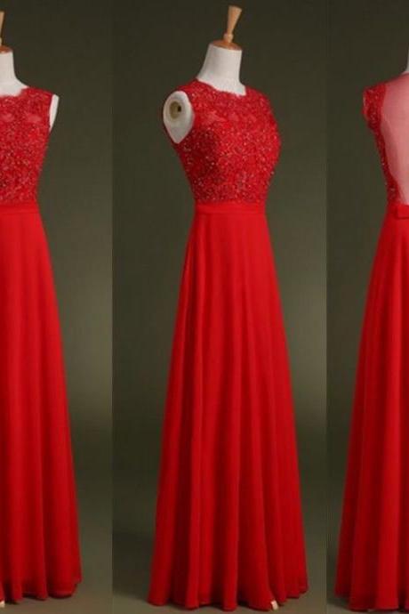 Custom Made A Line Round Neck Floor Length Red Lace Prom Dresses