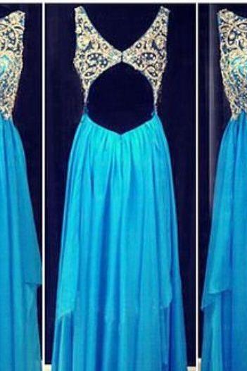 Custom Made A Line Round Neck Blue Floor Length Prom Dresses, Formal Dresses, Evening Dresses