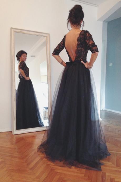 2015 Lace and Tulle Prom Dresses, Floor-Length Black Prom Dresses, Sexy Backless Prom Dresses, A-Line Prom Dresses, Charming Evening Dresses Hot Sale