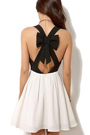 [vg01mn] Black And White Crossback Bowknot Low Cut Tank Dress