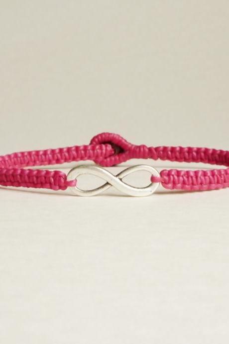 Pink Infinity - Simple Single Silver Infinity Sign/eight Woven With Pink Wax Cord Bracelet / Wristband - Customized Bracelet