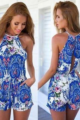 2015new Women Sexy Summer Jumpsuit Lady Sleeveless Flroal Playsuit Rompers Dress