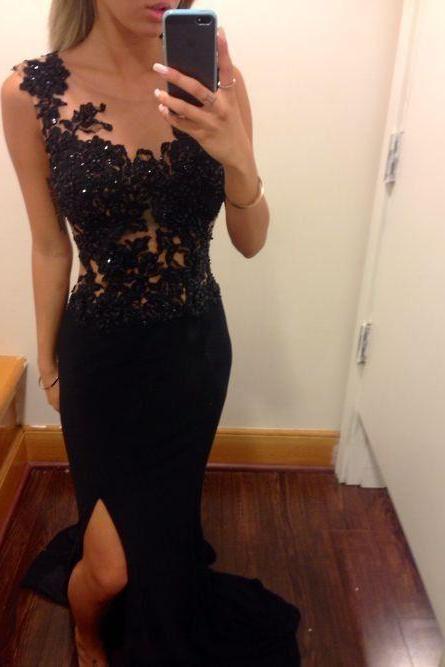 Custom Made Black Mermaid Lace Prom Dresses, Black Lace Evening Dresses, Black Prom Dresses 2015