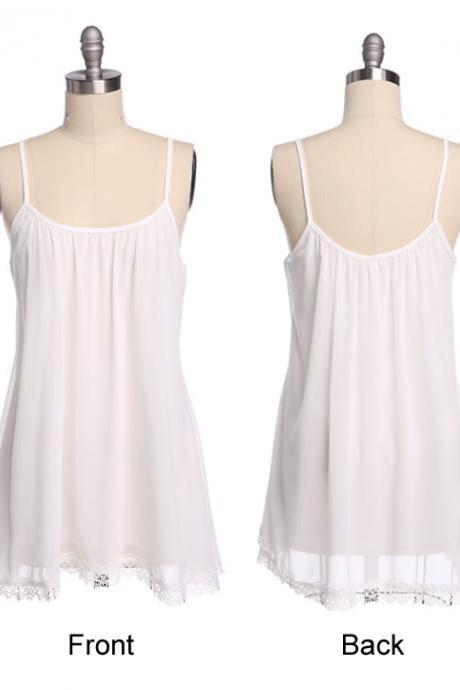 Women's Strap Sun-top Chiffon Lace Trim Loose Mini Dress Long Tops Shirts Blouses