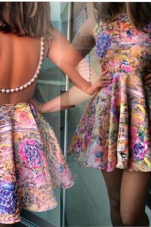 2015 New fashion summer Printed Back Hollow Beaded Sleeveless Dress