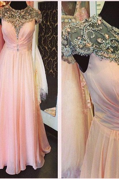 cap sleeve prom dress, pink prom dress, gorgeous prom dress, elegant prom dress, beautiful dress, popular prom dress, BD59