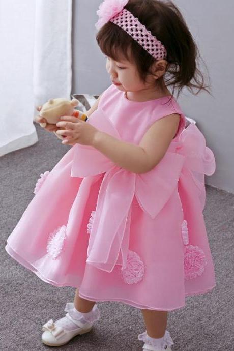 SALE! Pink Dress for Infant Girls 12-24 Months with Flower Bow Organza Kids Christening Dress for Wedding Summer Outfit