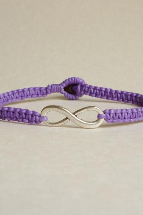 Purple Infinity - Simple Single Silver Infinity Sign/Eight woven with Purple/Violet Wax Cord Bracelet / Wristband - Customized Bracelet