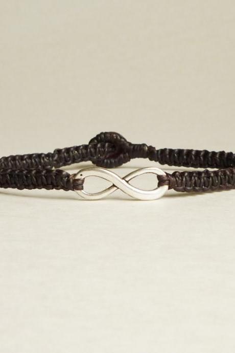 Black Infinity - Simple Single Silver Infinity Sign/Eight woven with Tan Wax Cord Bracelet / Wristband - Men Jewelry - Unisex