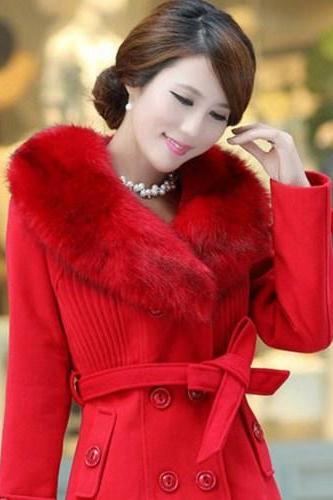 Red Coat Rich Fur Collar Winter Over Coats Red Woolen Jackets