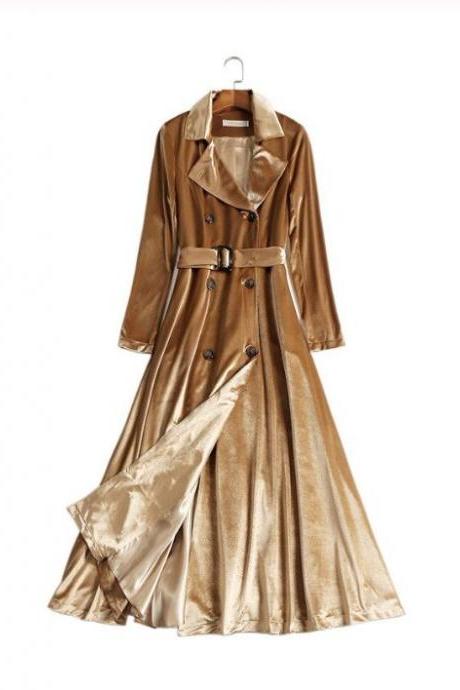 Long Golden Trench Coats for Women Rich Velvet Winter Dresses for Women Double Breasted Golden Overcoats