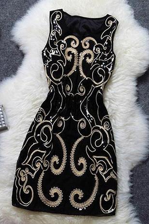 Noble Vintage Sequin Floral Embroidered Sleeveless Party Dress [VG42205]