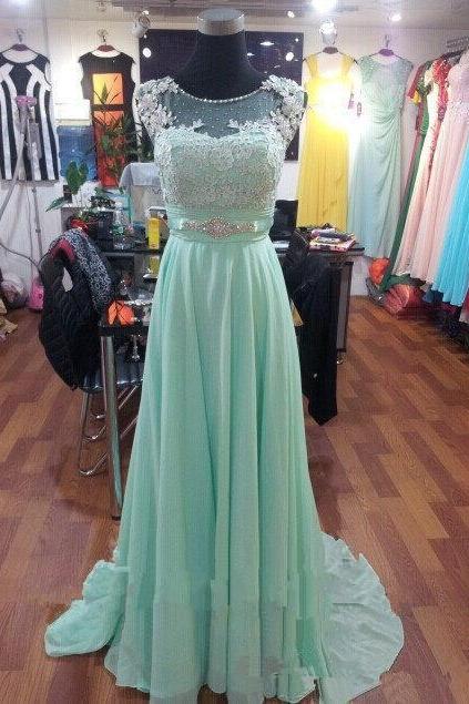 Pretty Mint Chiffon Long Handmade Prom Dresses 2015 With Beadings, Mint Prom Dresses, Evening Dresses, Formal Dresses