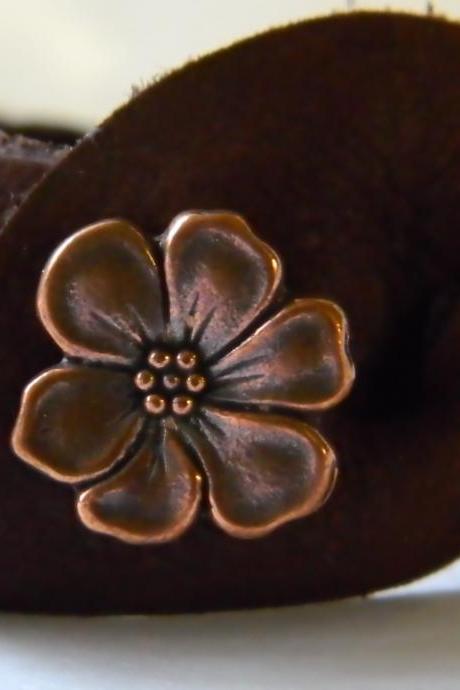 Hand Braided Soft Leather Cuff with Copper Flower Button