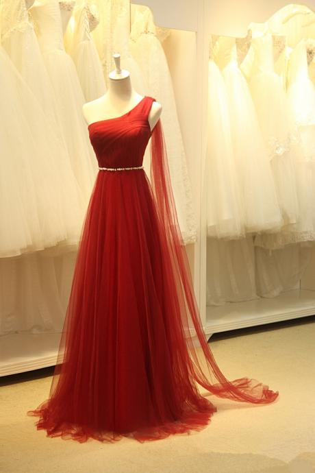 Pretty Tulle One Shoulder Wine Red Long Simple Prom Dresses , Wine Red Formal Dresses, Formal Gowns, Evening Dresses