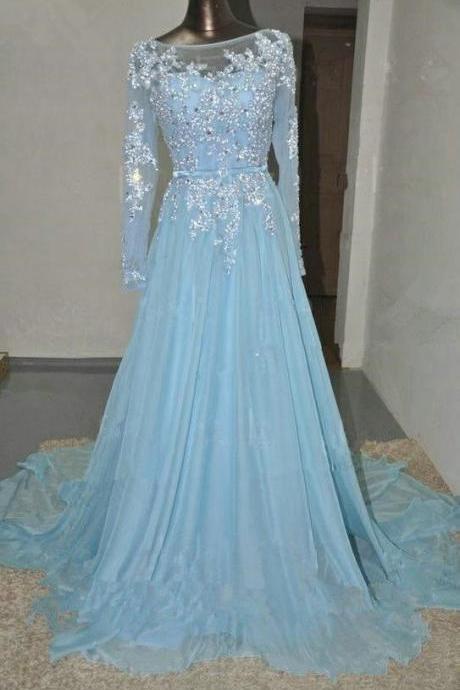 Pd578 Charming Prom Dress,Long Sleeve Prom Dress,A-Line Prom Dress,Appliques Prom Dress,Chiffon Prom Dress