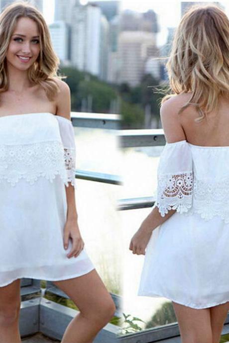 Sexy Fashion Lady Women&amp;#039;s Summer Boho Casual Off-shoulder Short Sleeve Mini Dress Beach Dress Party Evening Cocktail