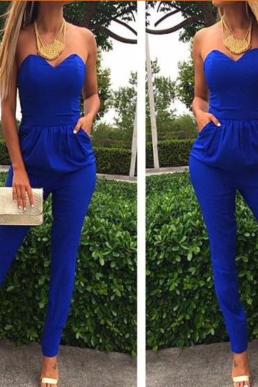 Cheap Sexy Strapless Off The Shoulder Sleeveless Pockets Design Solid Blue Cotton Blend One-Piece Skinny Jumpsuit [JH01]