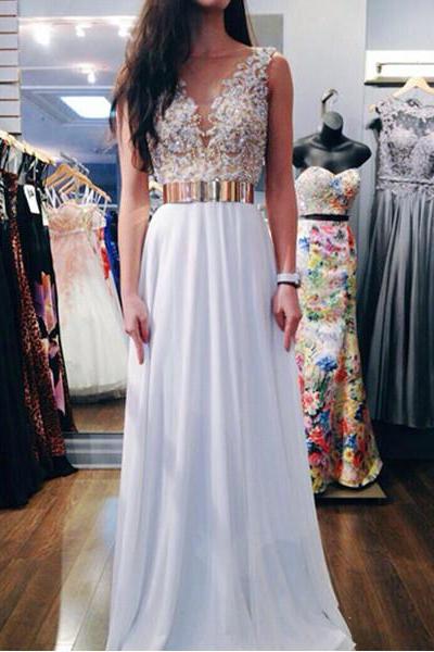 New Trendy Beaded Appliques White A-line Round Neckline Floor Length Prom Dress Handmade