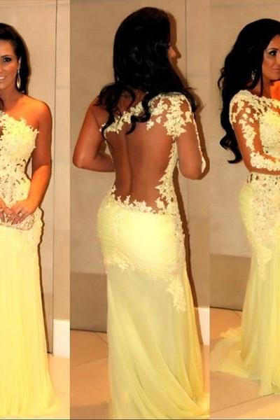 Yellow lace prom dress, long sleeve prom dress, long prom dress, one shoulder prom dress, occasion dress, sexy prom dress, BD124
