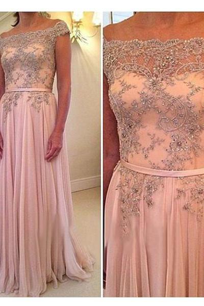 Handmade Embroidery Pink A-line Off-shoulder Neckline Sweep Train Prom Dress with Sash 