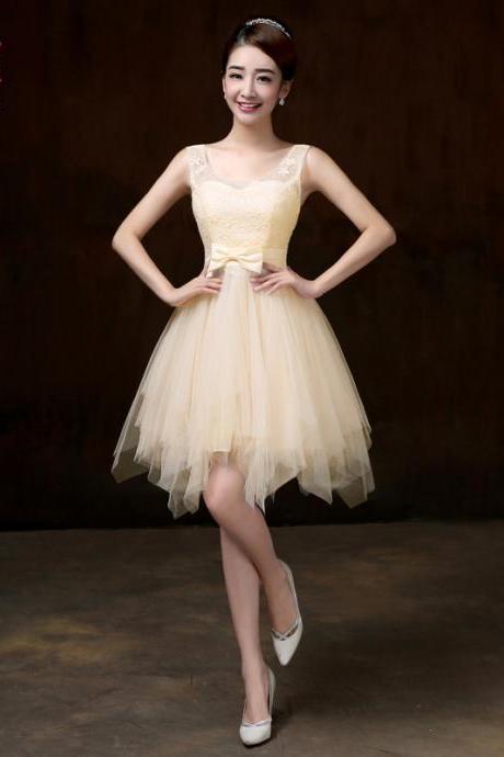 Beautiful Bow Sleeveless Beige Color Beading Prom Dress