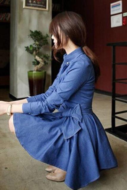 Women Denim Dress with Ruffled Skirts Dress for Teens and Women Denim Cowgirl Blue Dress