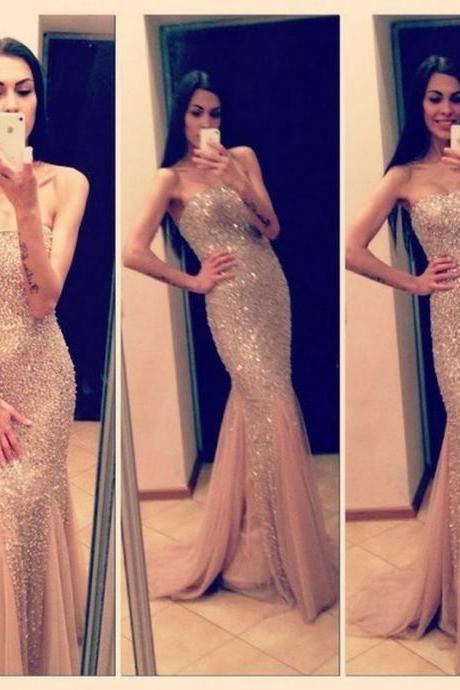 Sparkling Custom Made Sexy Mermaid Champagne Prom Dresses 2015, New Style Prom 2015, Prom Gown, Evening Dresses, Formal Dresses, Long Prom Dresses