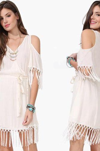 Bohemian Style Off-shoulder V-neck Tassels Chiffon Dress [gyxh0618]
